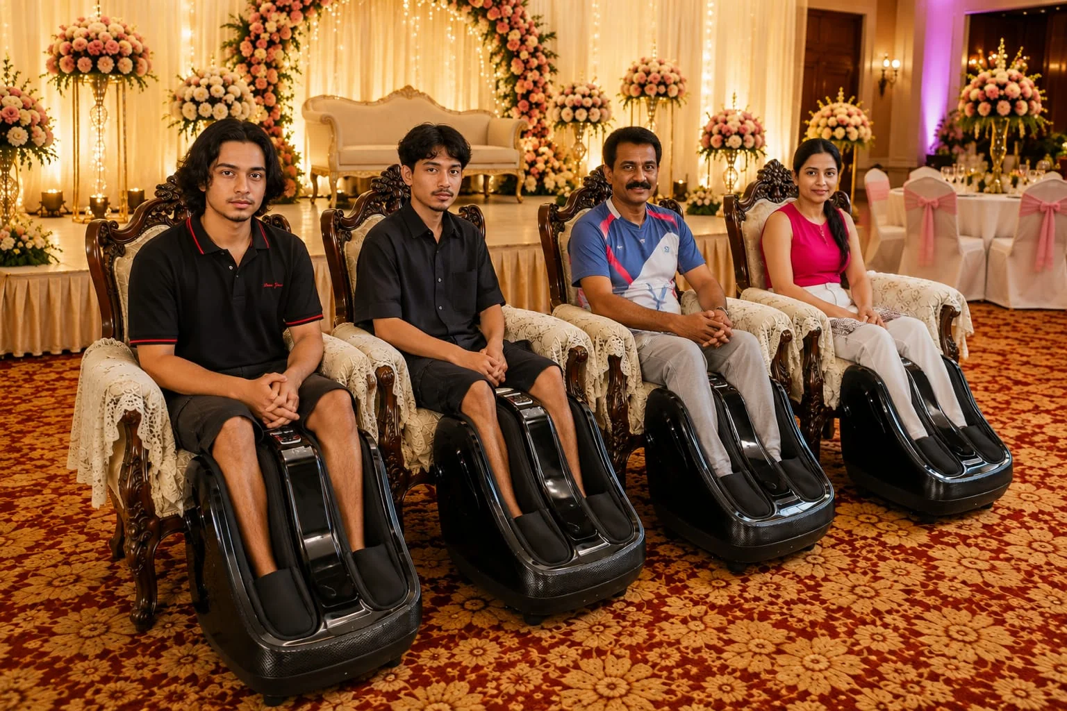 Guests using auto foot and leg massage machines at a wedding venue